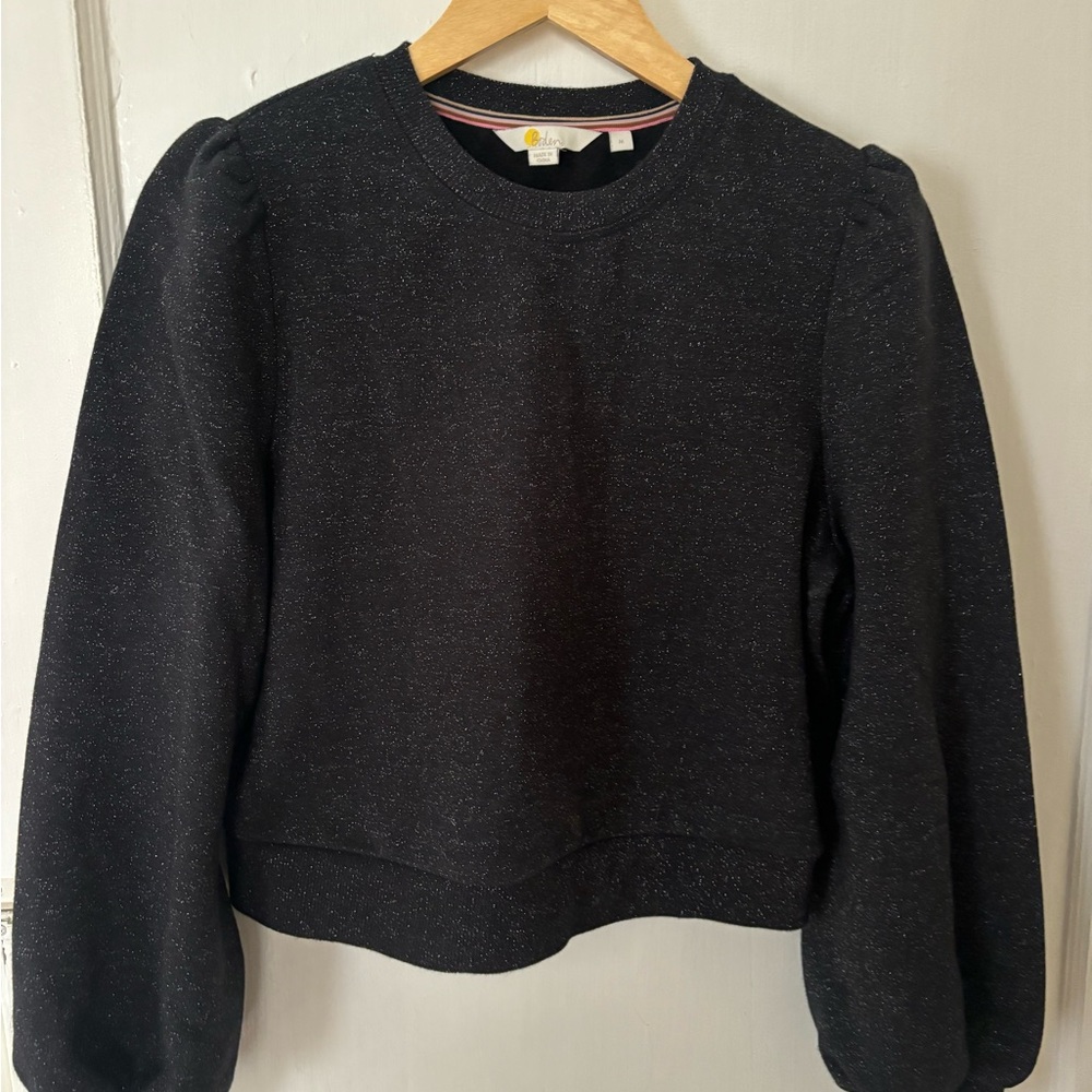 Boden Black Sparkle Puff-Sleeve Sweatshirt
